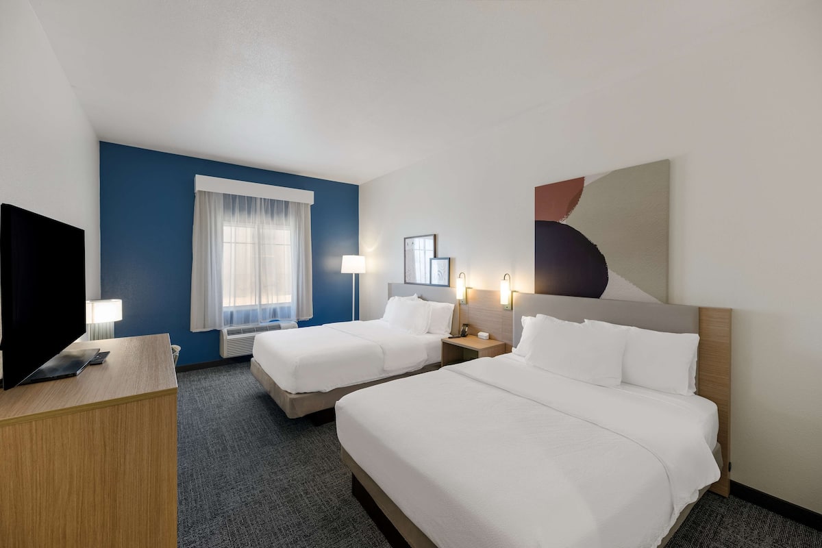 Room, 2 Queen Beds, Non Smoking | Desk, laptop workspace, blackout curtains, iron/ironing board