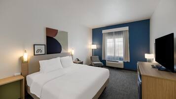 Desk, laptop workspace, blackout curtains, iron/ironing board