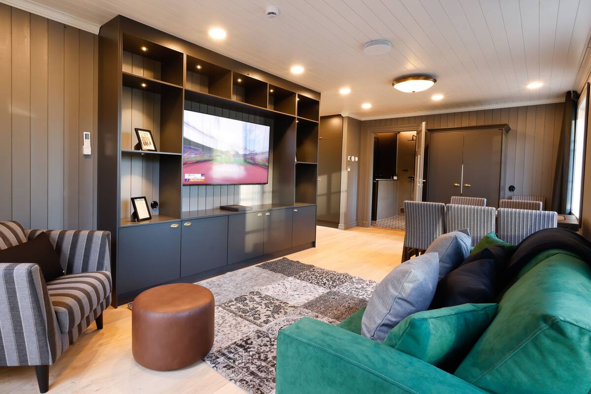 A modern living room with a flat-screen TV, dark wood paneling, striped sofas, and a patterned rug.