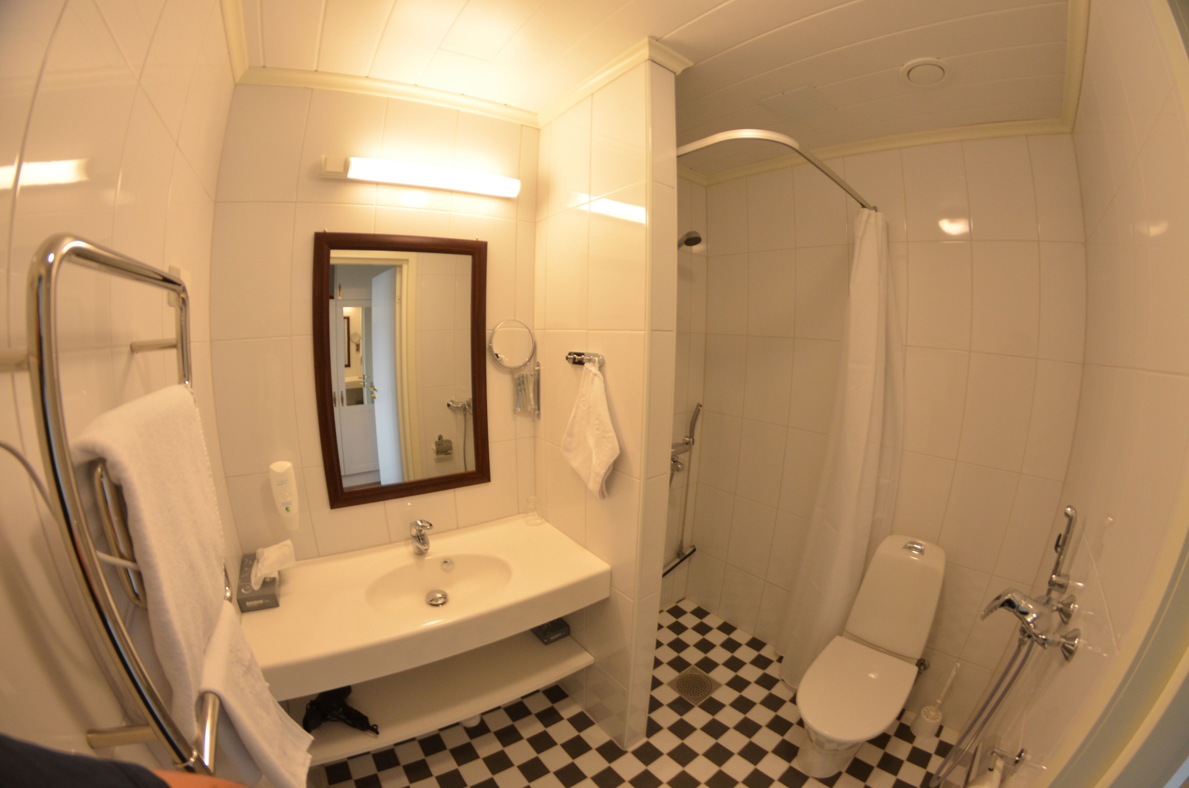 Un baño con lavamanos, espejo, inodoro y ducha.