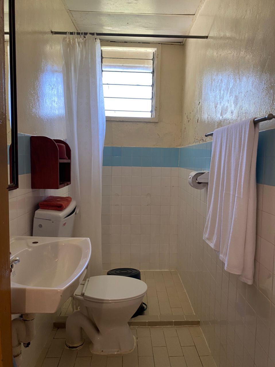Baño pequeño con inodoro, lavamanos y zona de ducha.
