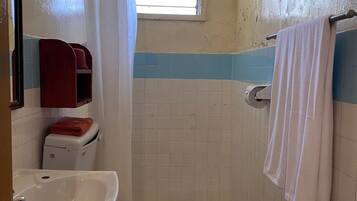 Baño pequeño con inodoro, lavamanos y zona de ducha.
