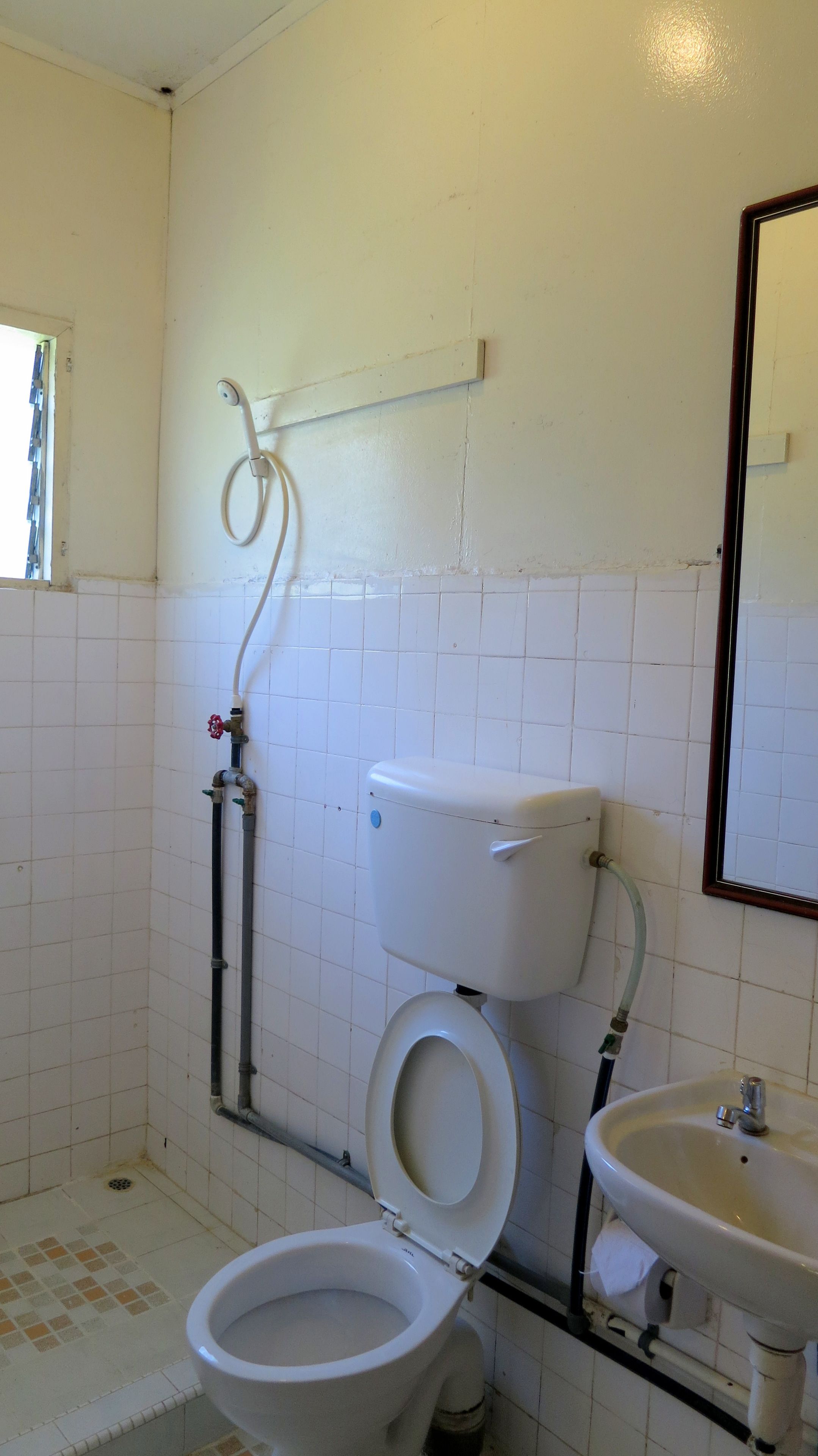 A basic bathroom with a toilet, sink, and shower.