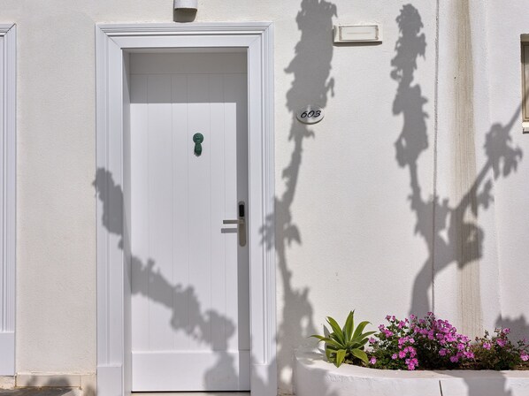 Una puerta blanca con una cerradura, un buzón y una pequeña maceta con flores rosas.