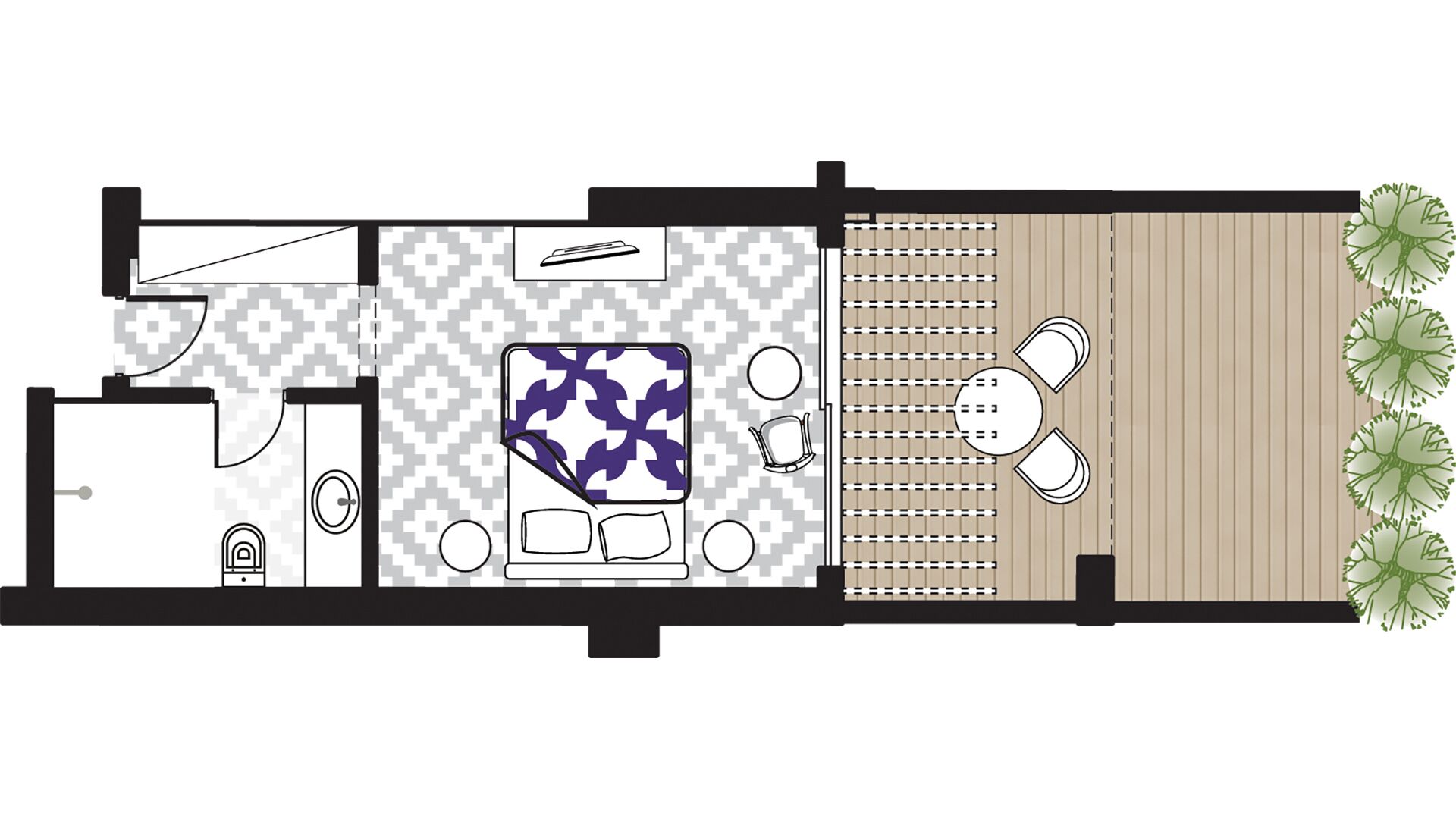 Plano de una habitación de hotel con baño, zona de estar con mesa y sillas, y un pequeño jardín con plantas.