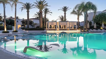 Outdoor pool, pool umbrellas, pool loungers