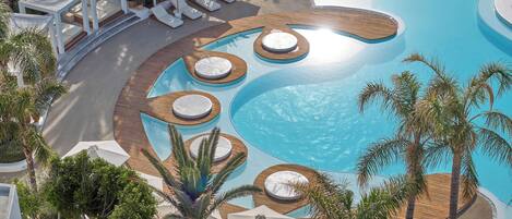 Outdoor pool, pool umbrellas, pool loungers