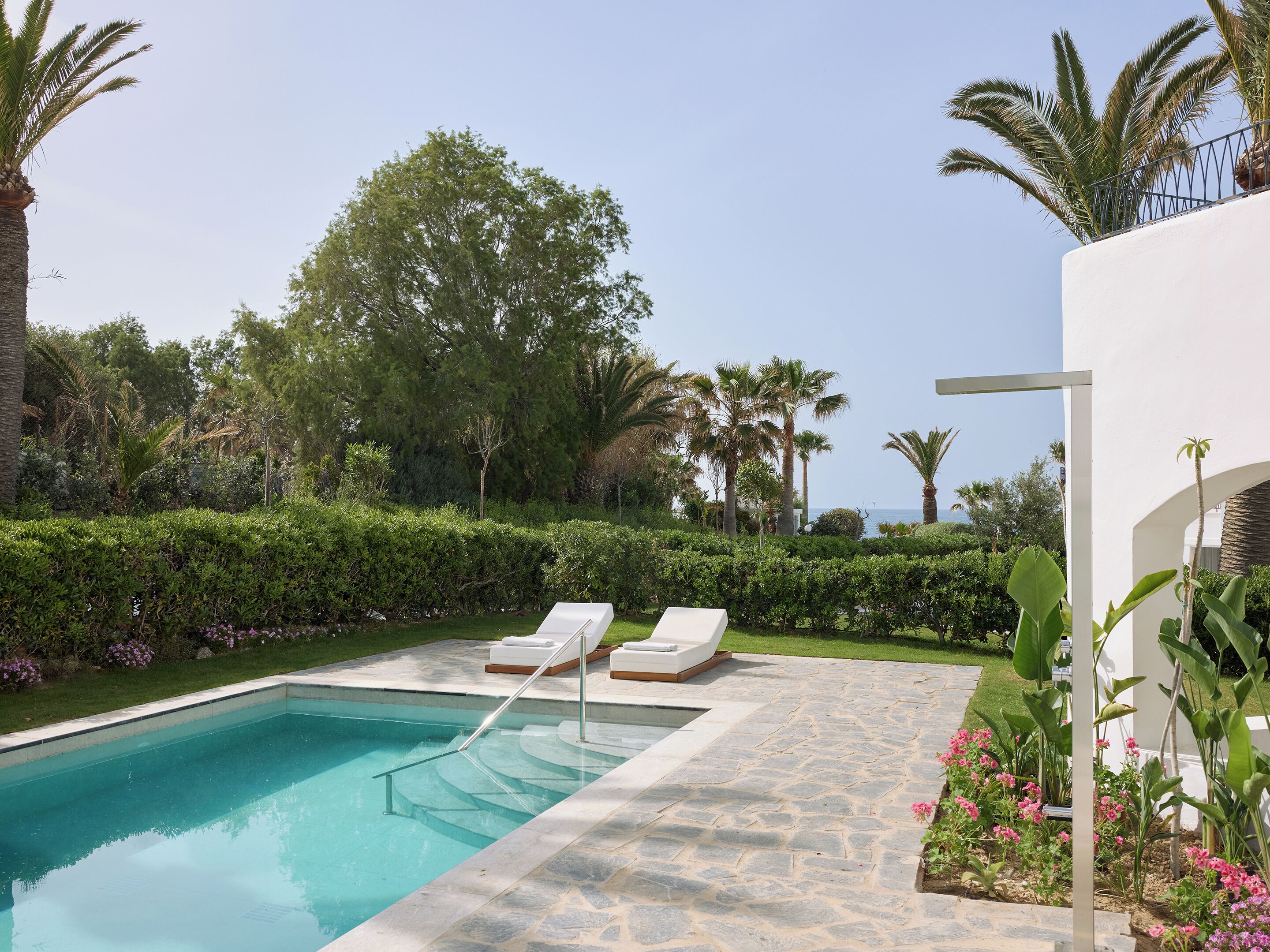 A swimming pool with lounge chairs, surrounded by greenery and palm trees.