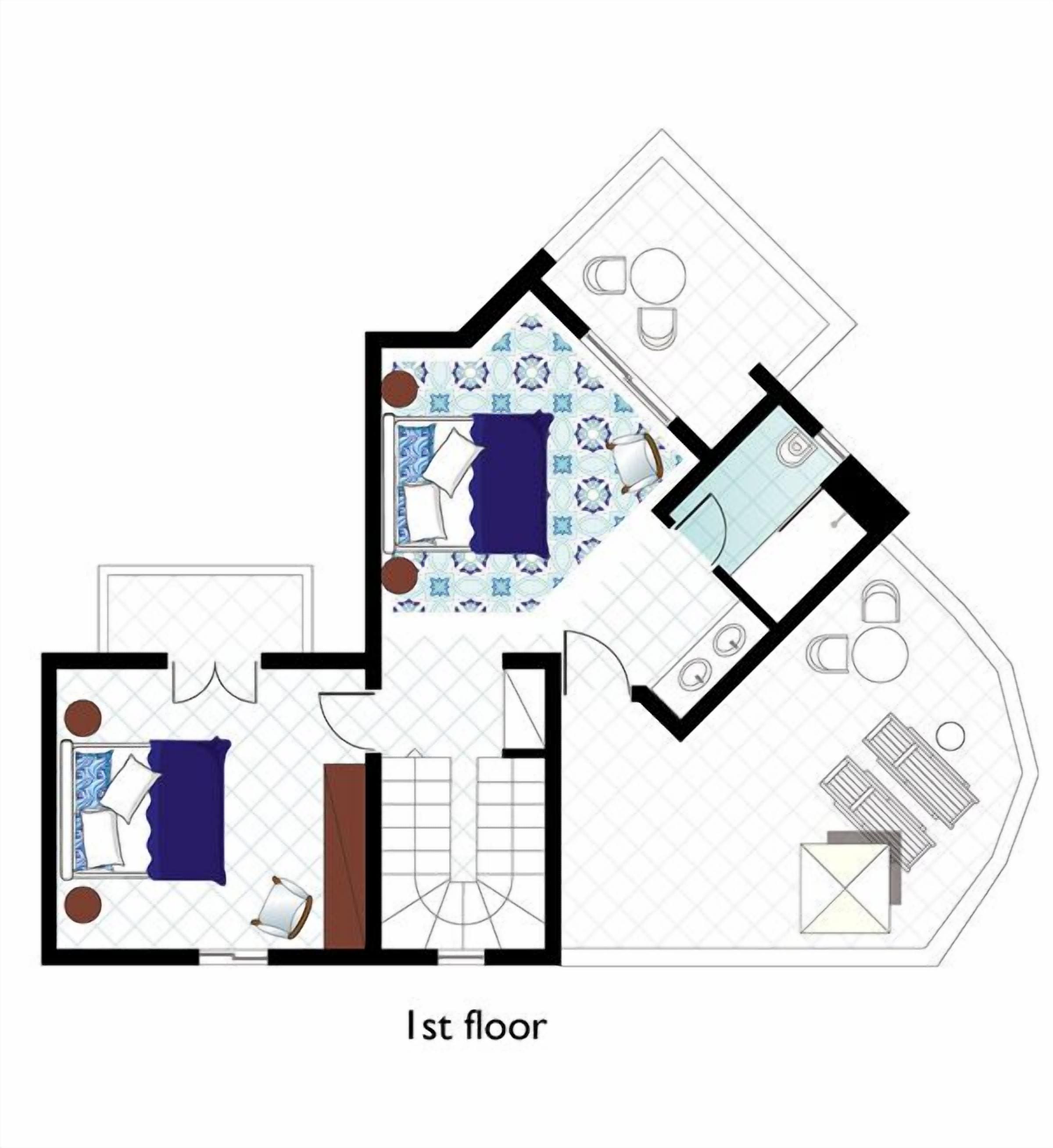 A first-floor floor plan with a bedroom, bathroom, and a small sitting area.