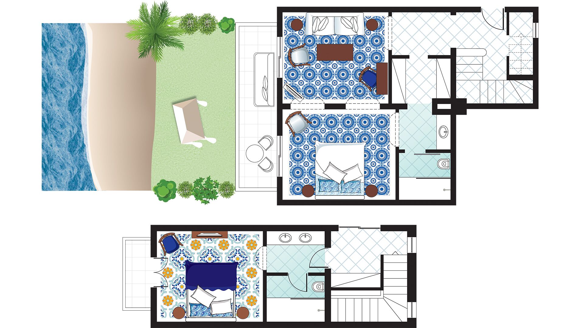 A floor plan of a hotel with a beach view, two bedrooms, a bathroom, a kitchen, and a dining area.