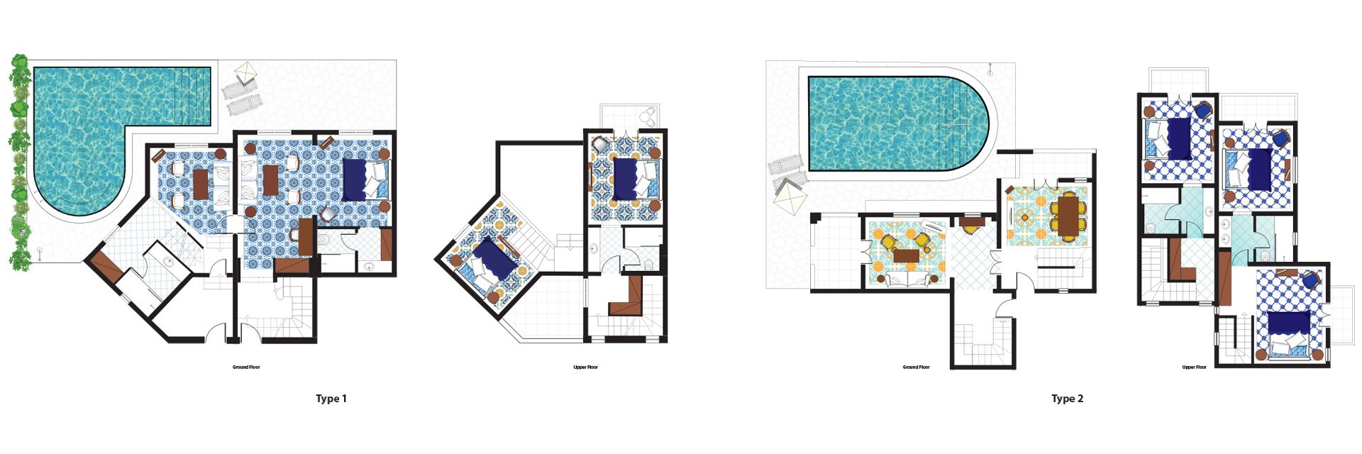 Deux plans d’étage d’un hôtel comprenant une piscine, plusieurs chambres et un espace repas.