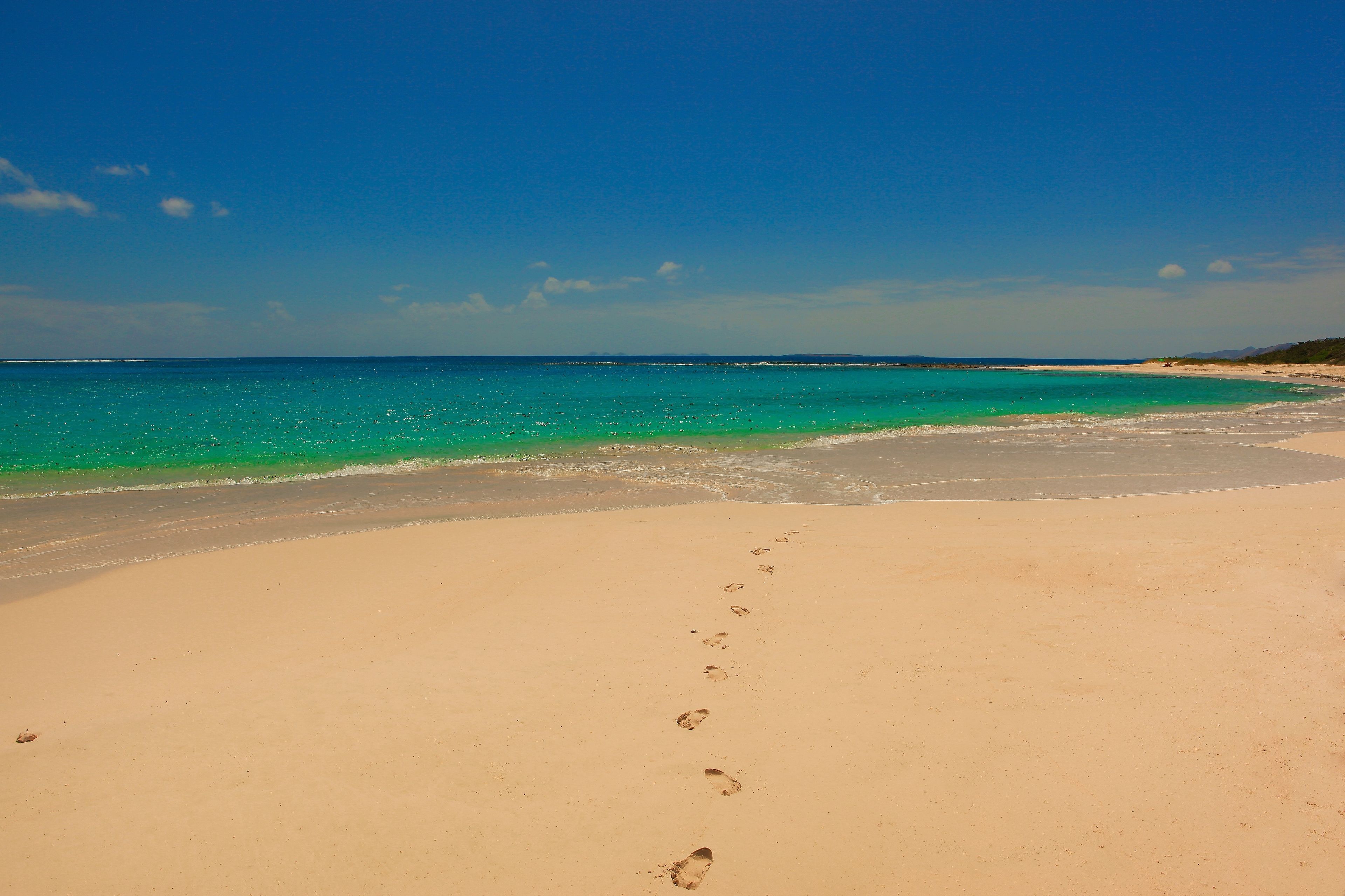 Una playa con huellas que se adentran en el agua, cielo despejado y una costa lejana.