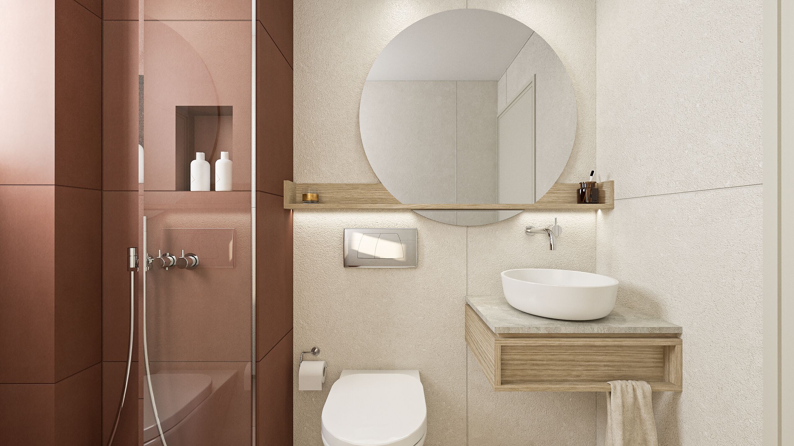 Une salle de bain moderne avec une douche à parois de verre, un lavabo blanc surmonté d’un miroir rond et des toilettes.