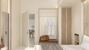 Lençóis italianos Frette, cofres nos quartos, cortinas blackout