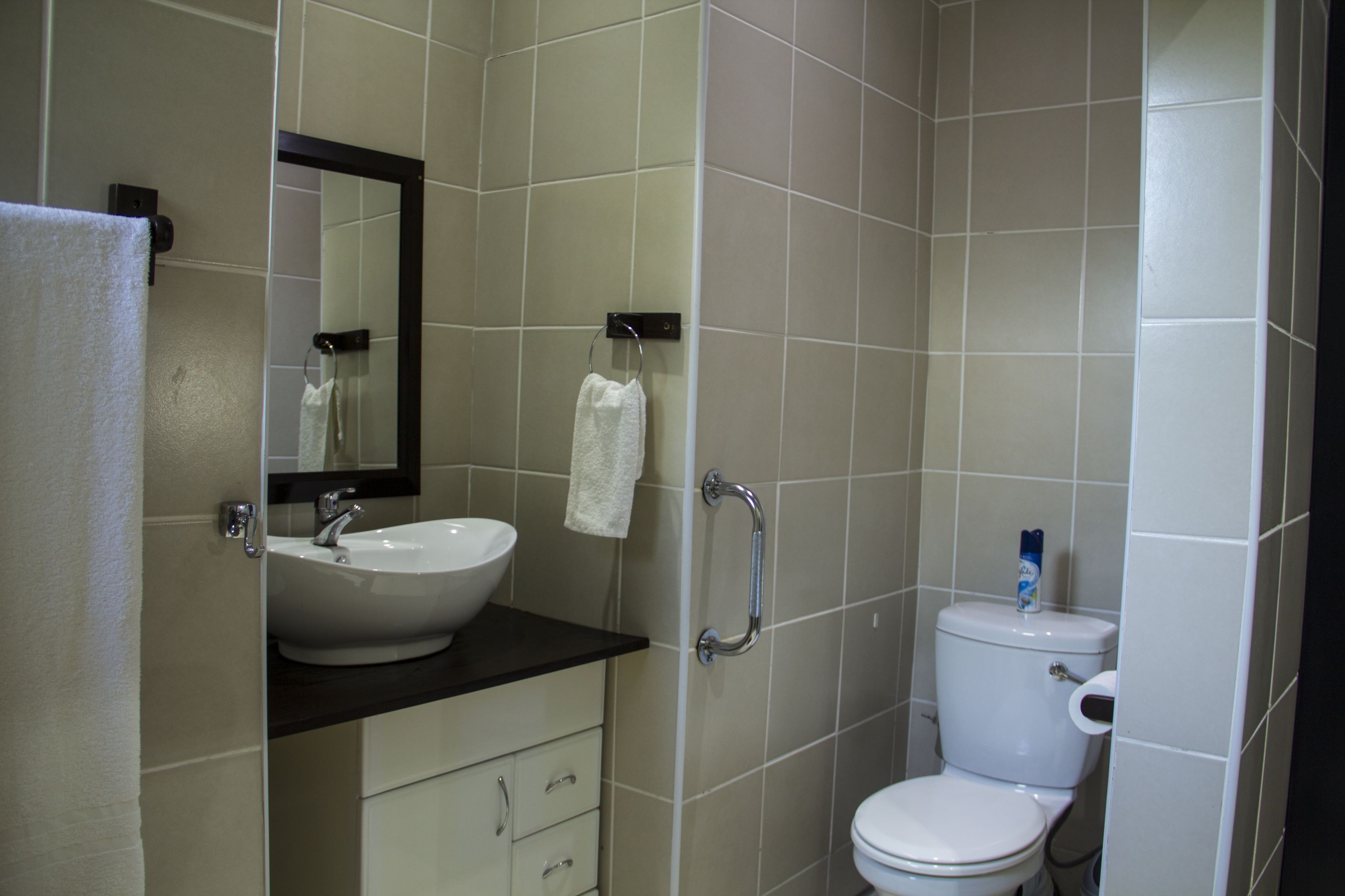 Un baño con lavamanos, espejo y retrete blanco.