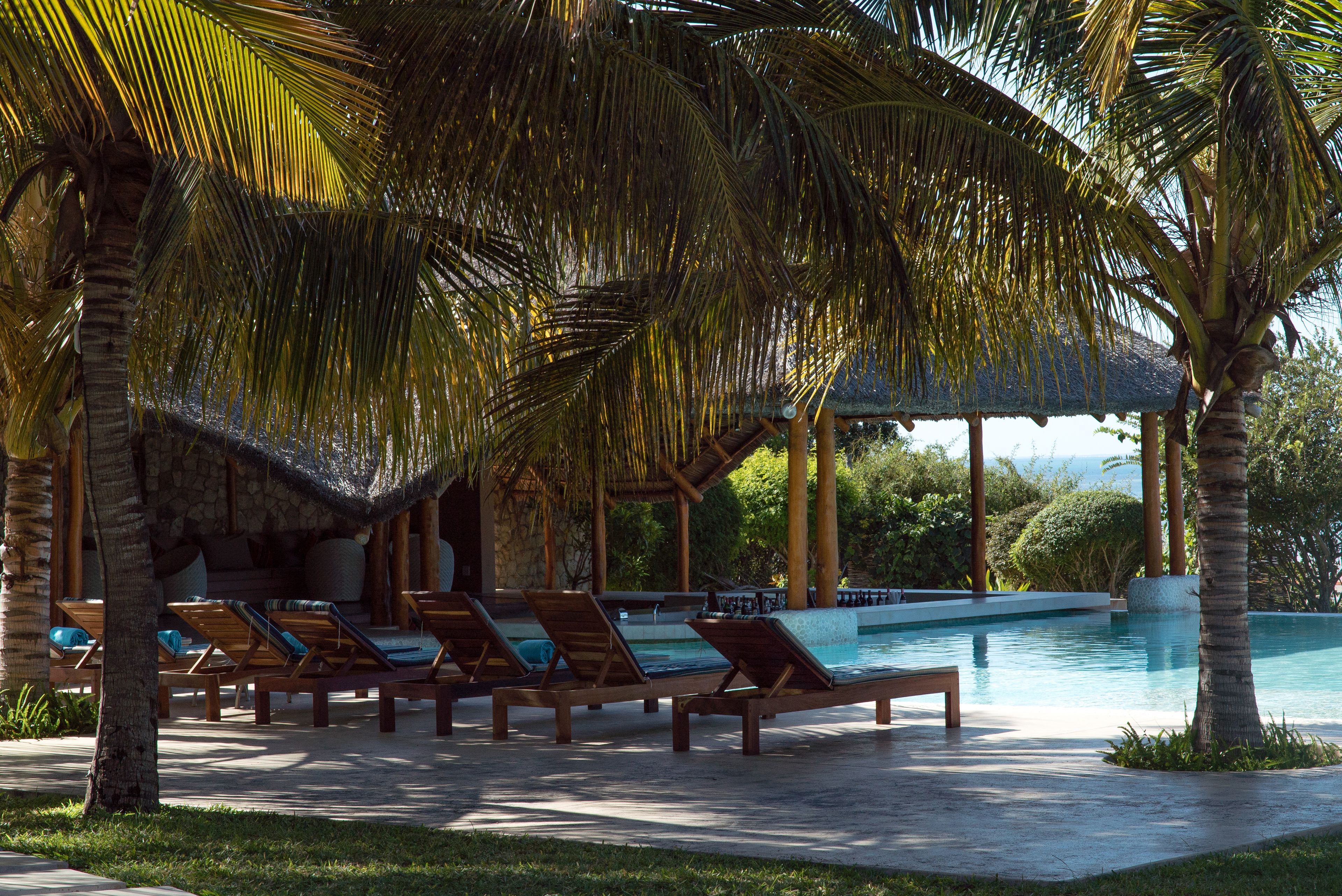 A poolside area with lounge chairs, a thatched-roof structure, and palm trees.