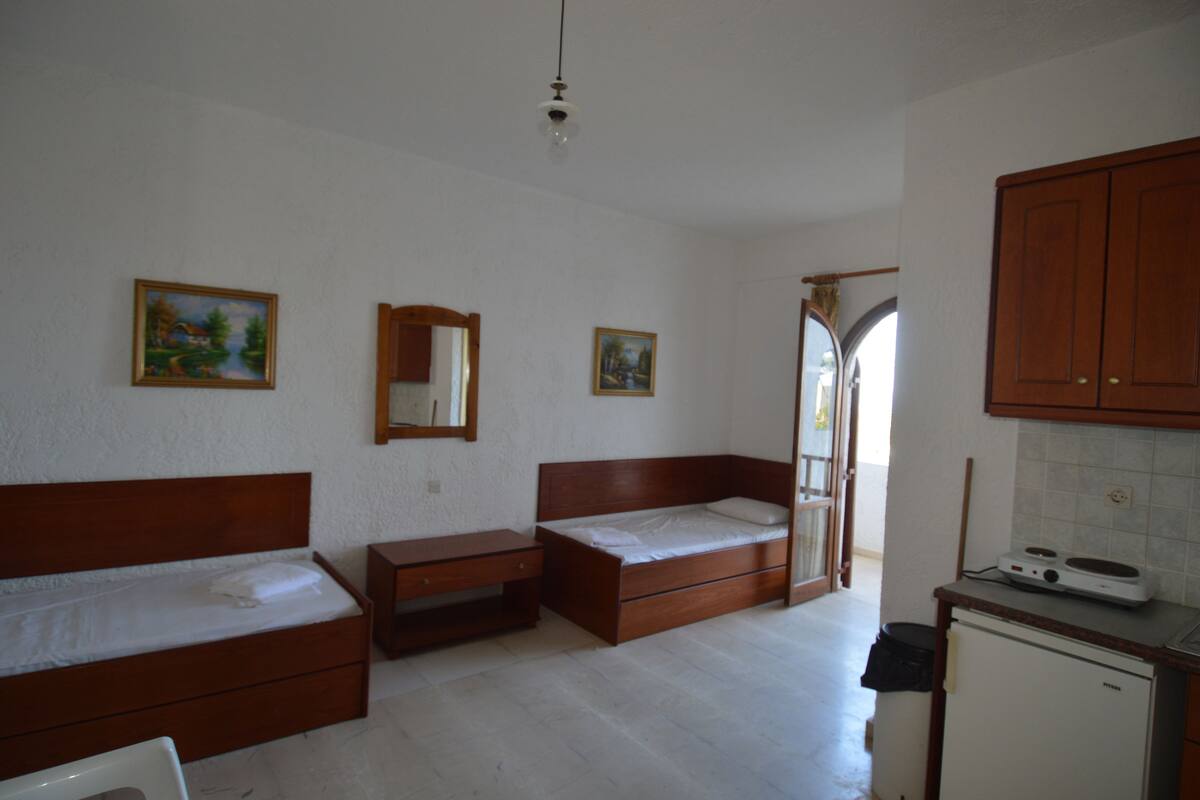A bedroom with two wooden beds, a small desk, a mirror, and a kitchenette area.