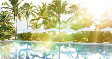 Outdoor pool, pool umbrellas, sun loungers