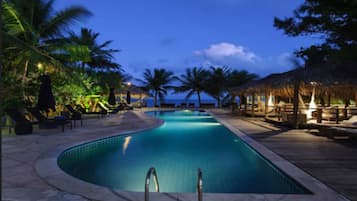Outdoor pool, pool umbrellas, pool loungers