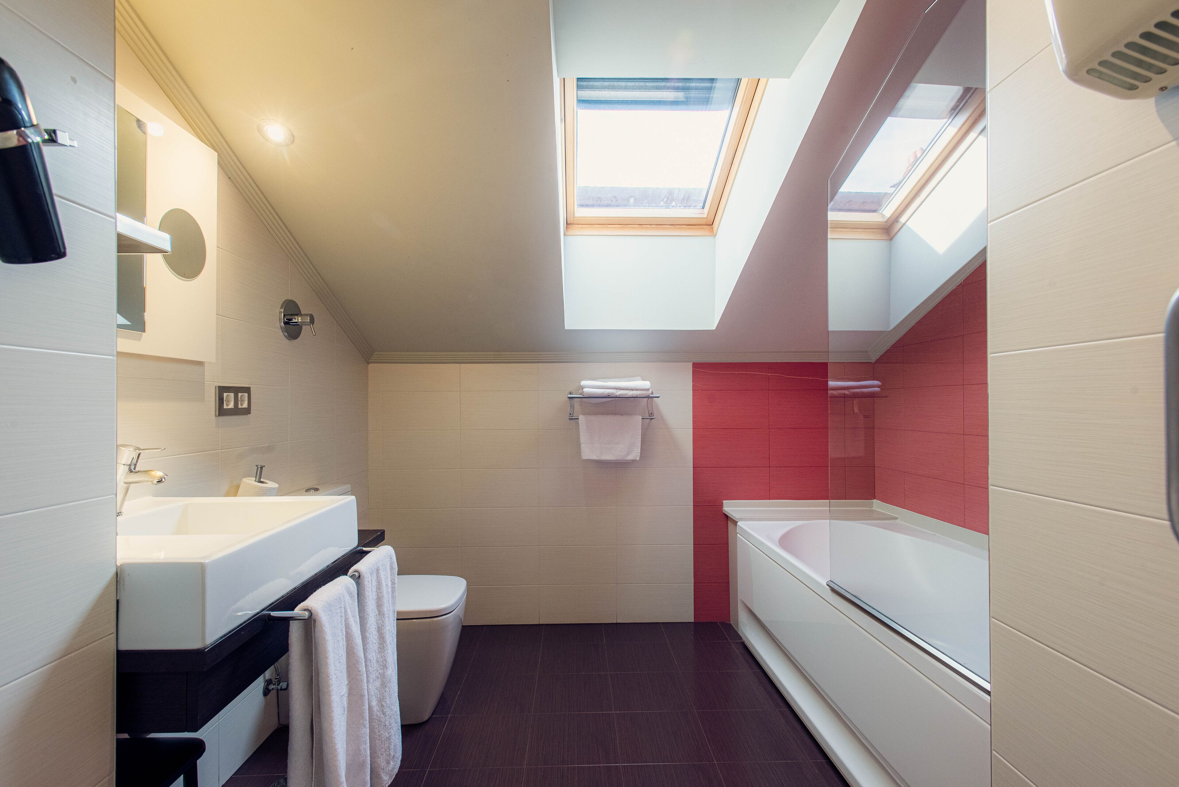 hair dryer, bathrobes, towels, soap