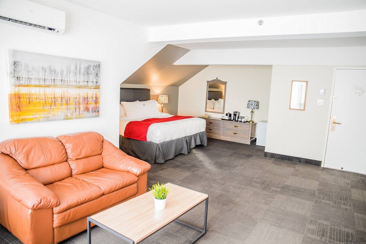 Ein modernes Hotelzimmer mit einer Schlafhöhle, einem Ledersofa, einem kleinen Tisch mit einer Pflanze und einem großen abstrakten Gemälde an der Wand.