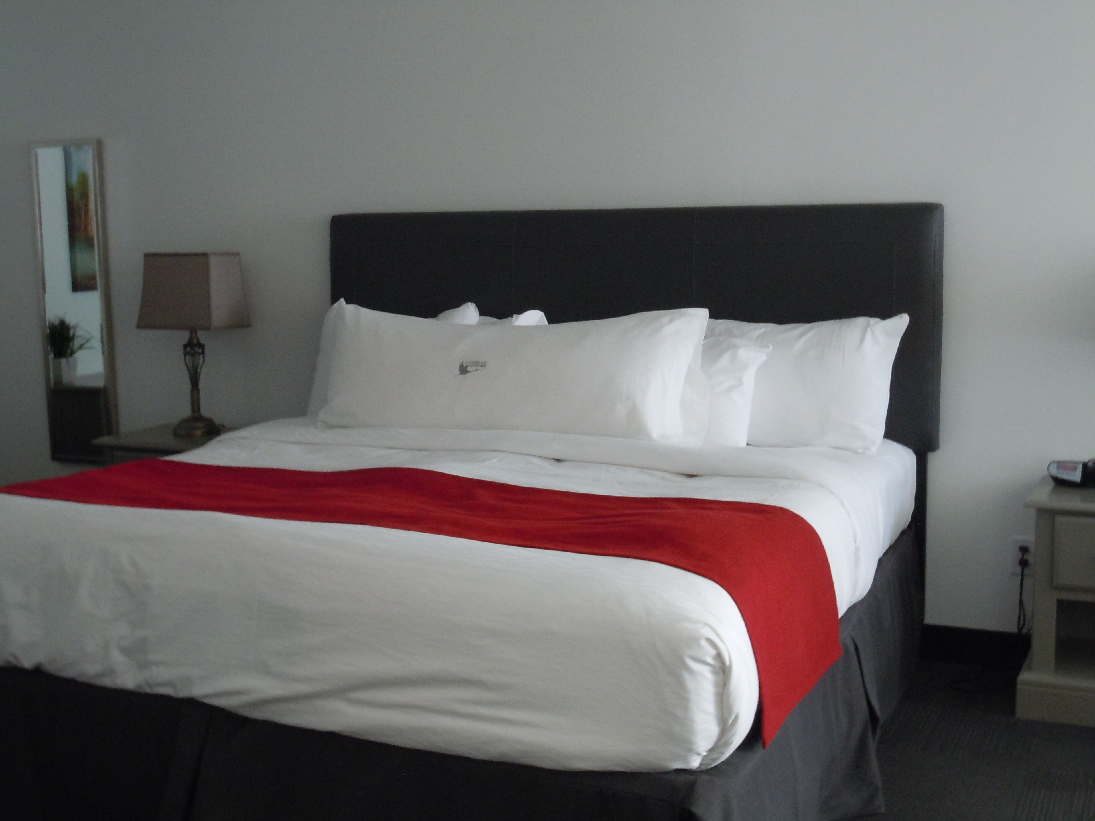 A hotel room with a bed, a nightstand, a lamp, and a mirror.