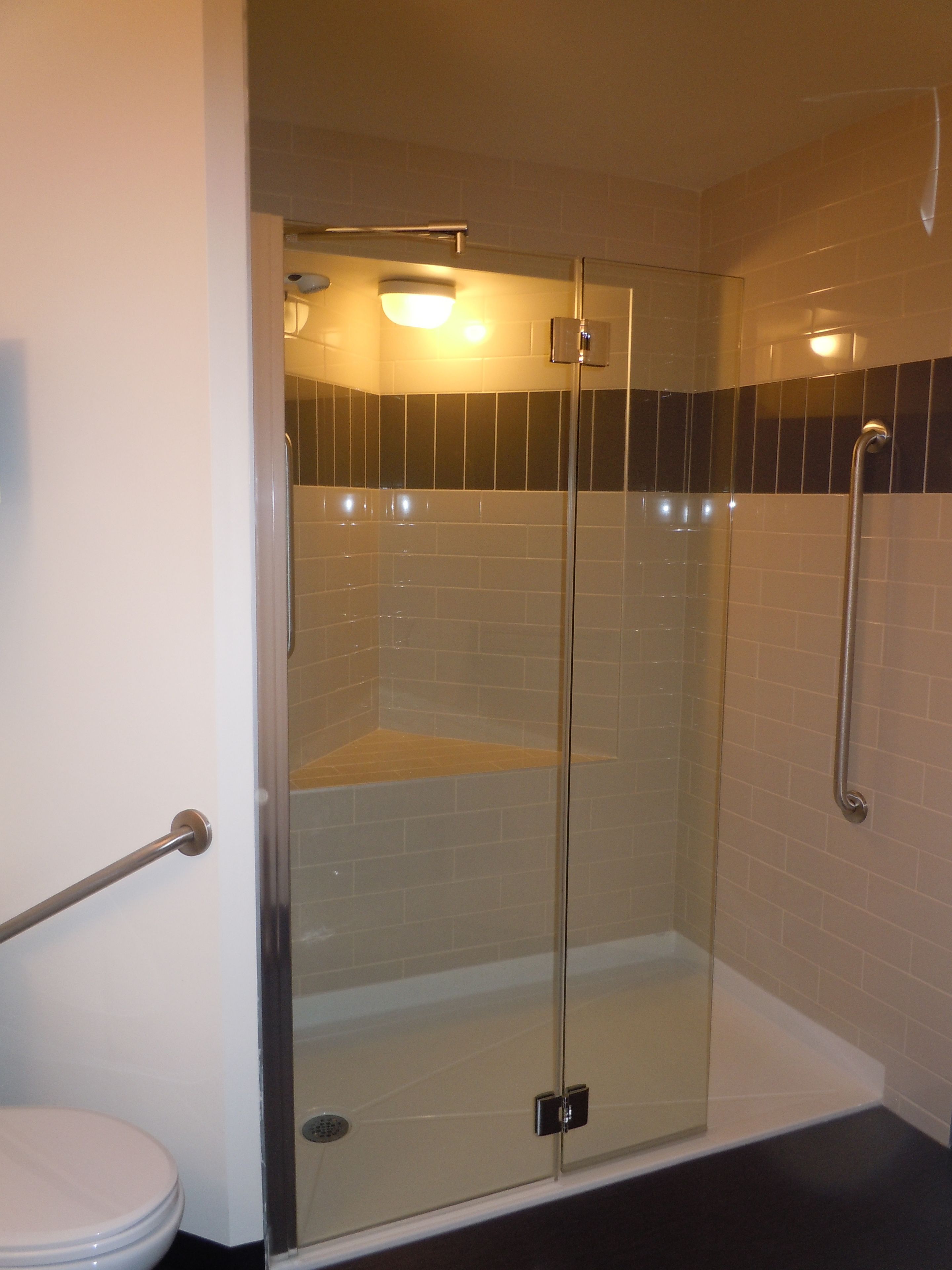 Une douche fermée par des parois de verre, avec un mur recouvert de carreaux blancs et un sol recouvert de carreaux noirs.