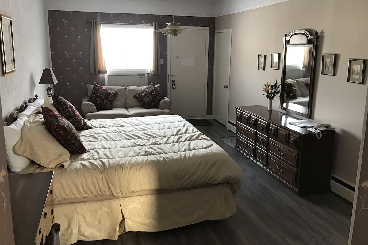 Une chambre à coucher avec un grand lit, une commode, un miroir et une fenêtre.