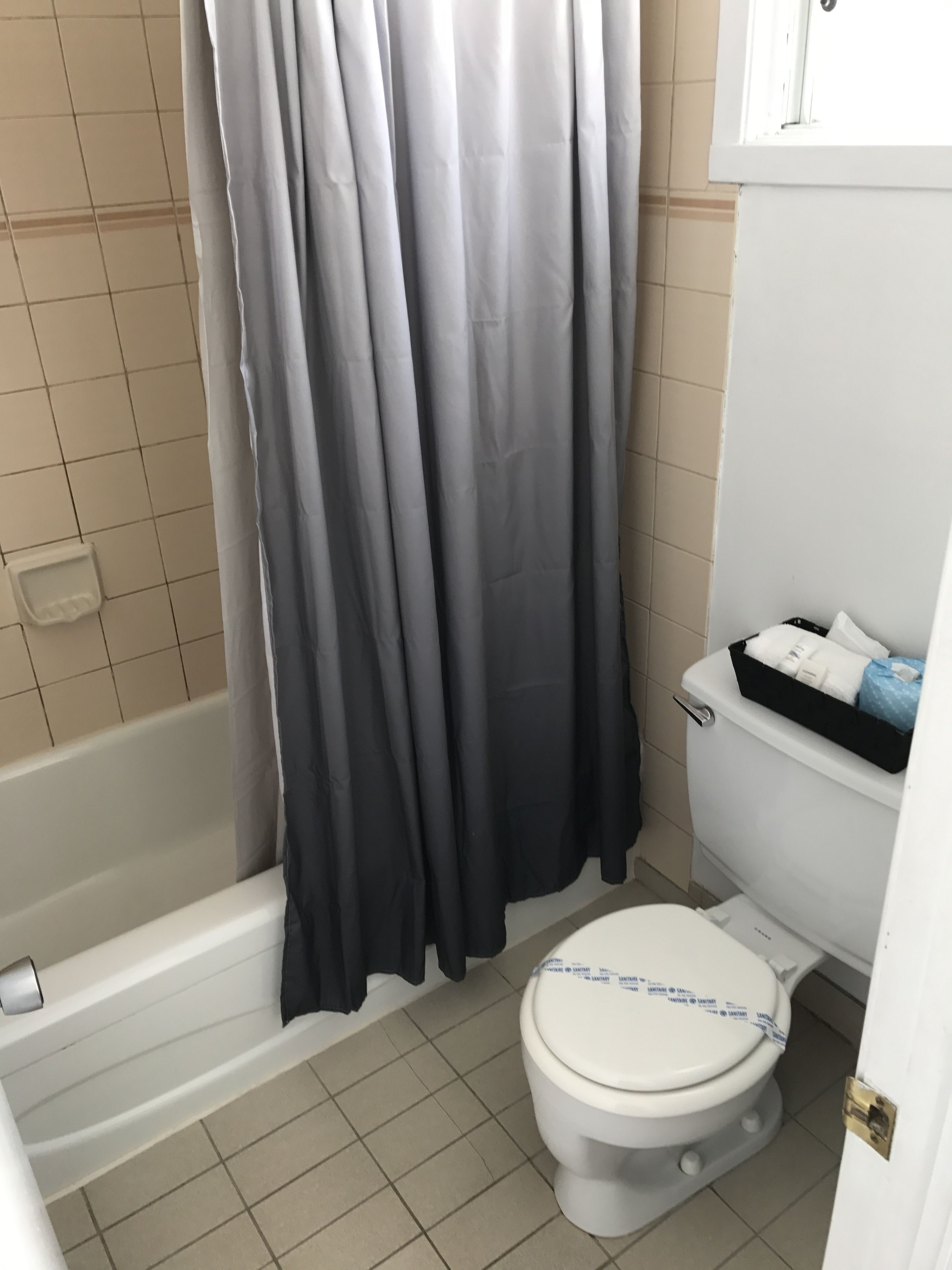 A bathroom with a bathtub, toilet, and a shower curtain.