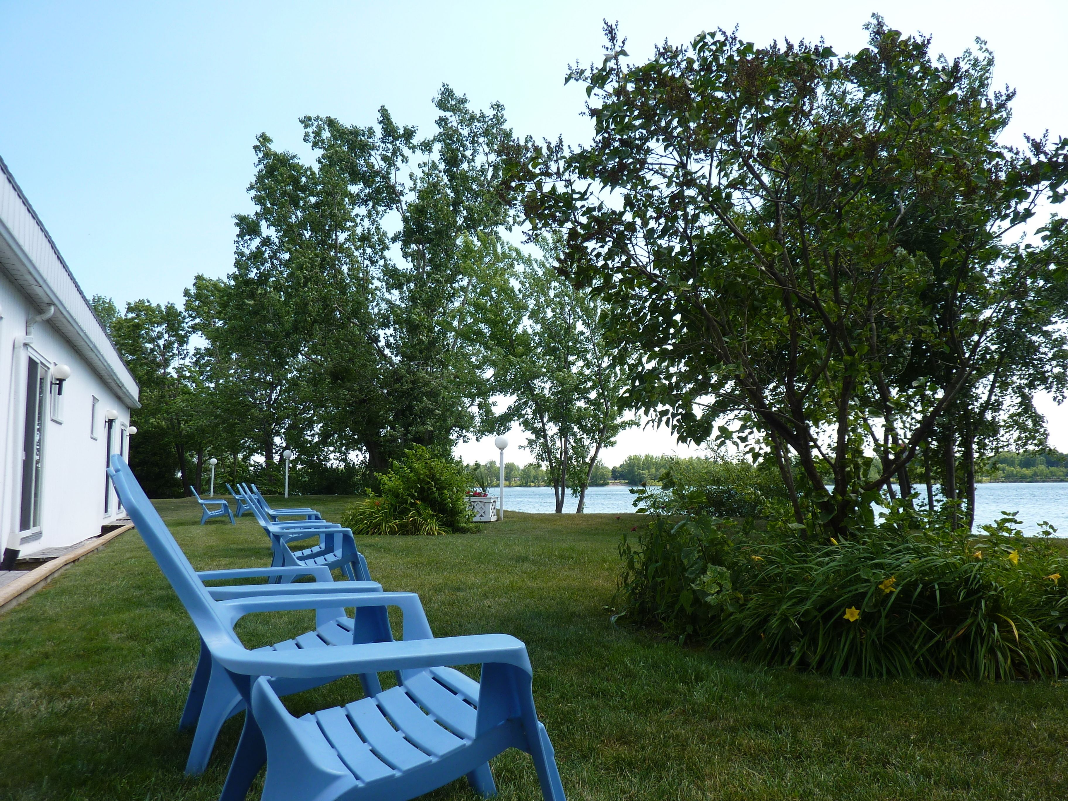 A grassy area with blue plastic chairs and a white building with windows.