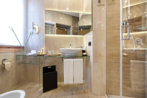 Shower, free toiletries, hair dryer, bathrobes