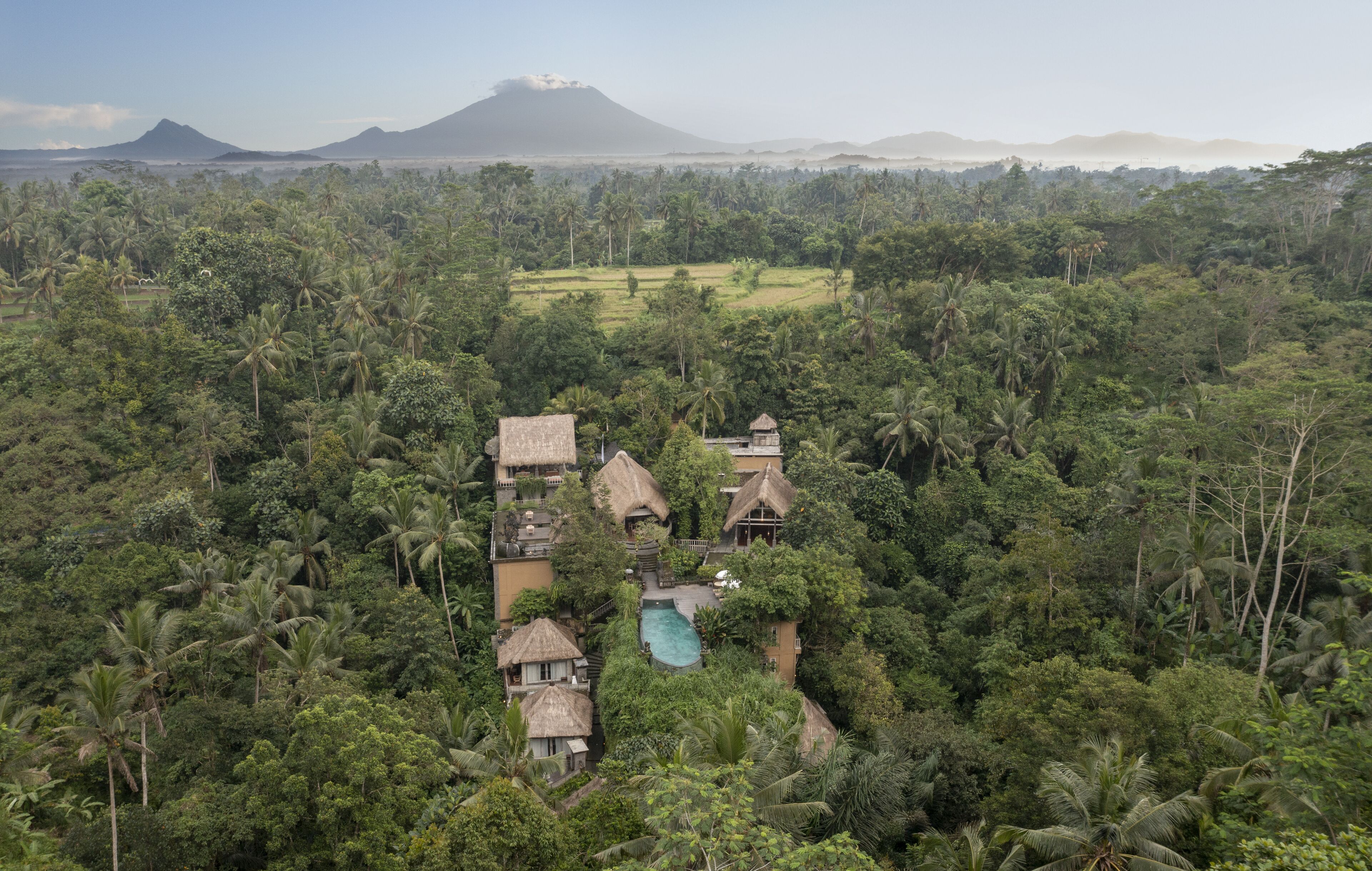A tropical resort with thatched-roof villas, a swimming pool, and lush greenery.