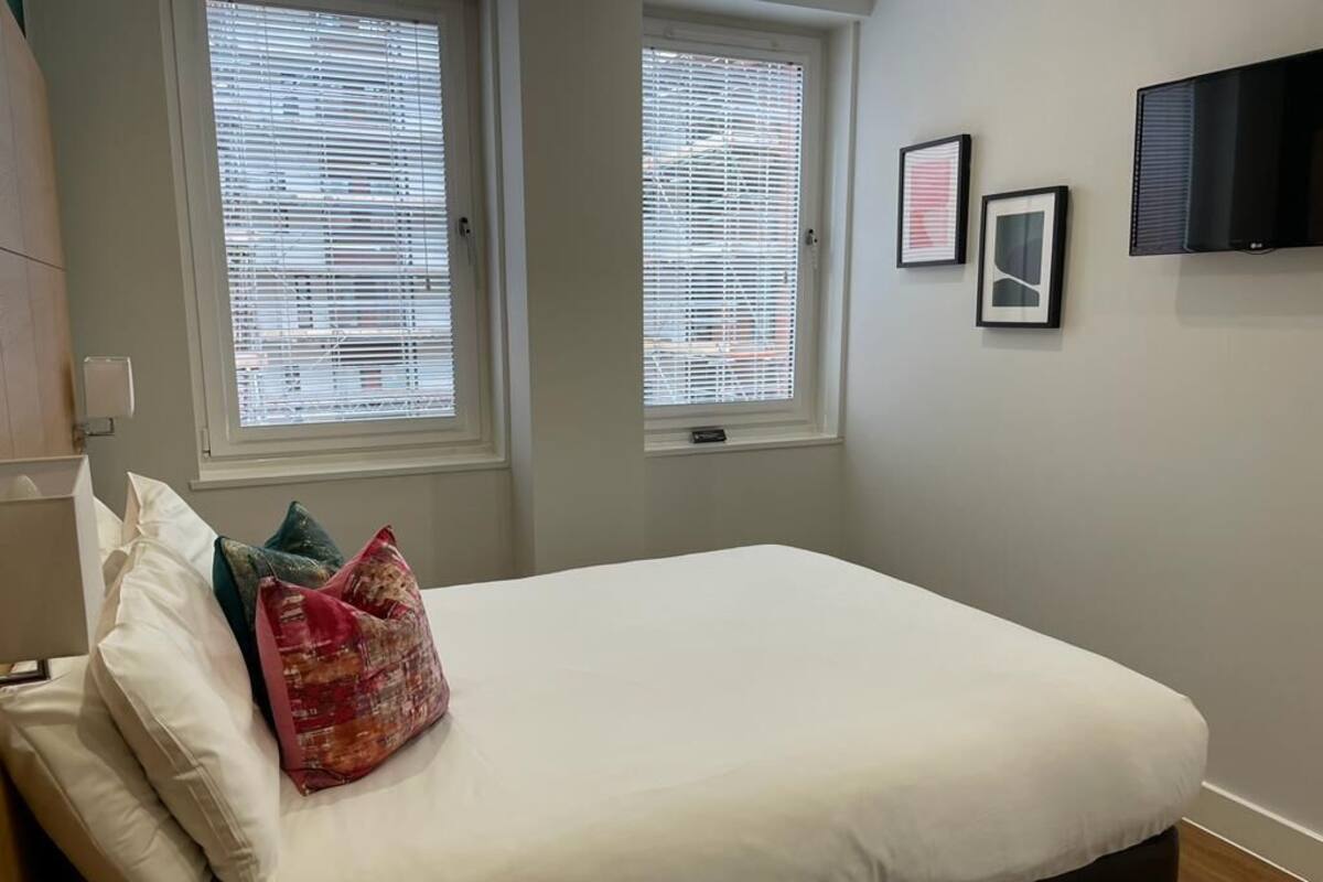 Une chambre à coucher avec un lit, deux fenêtres équipées de stores, un téléviseur à écran plat fixé au mur et un tableau encadré.
