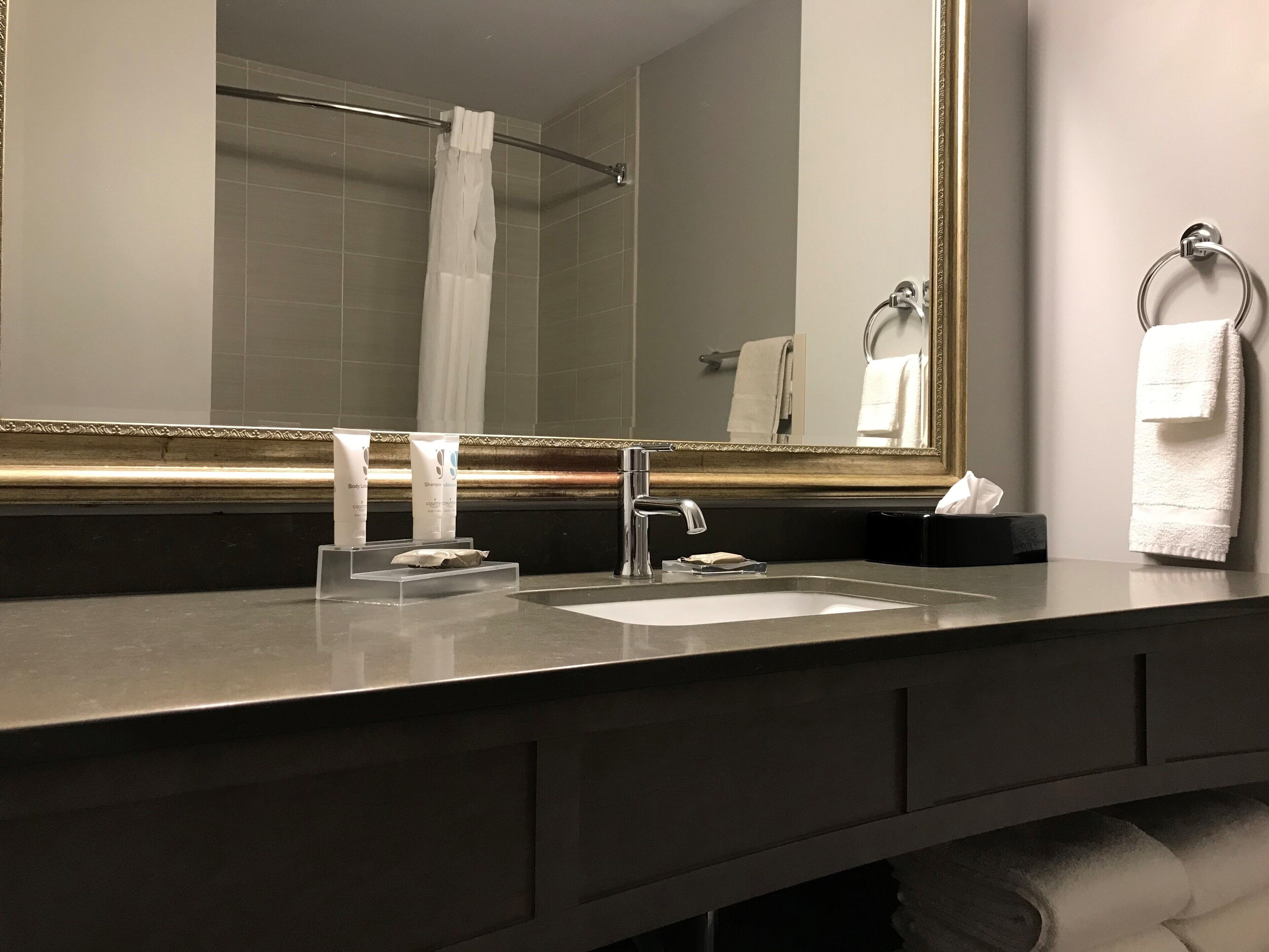 free toiletries, hair dryer, towels