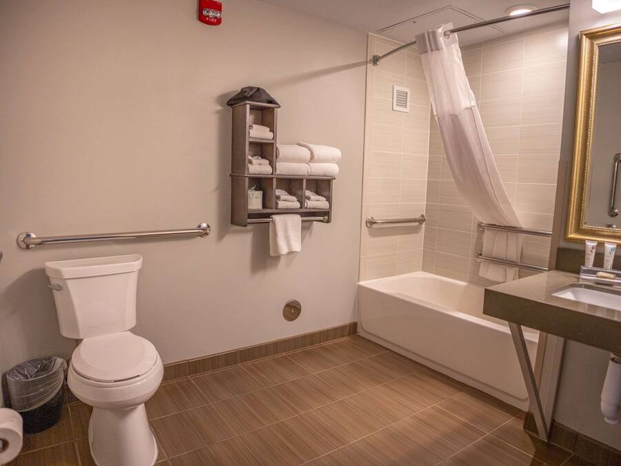 Un baño con inodoro, bañera, ducha con cortina, toallero y espejo.