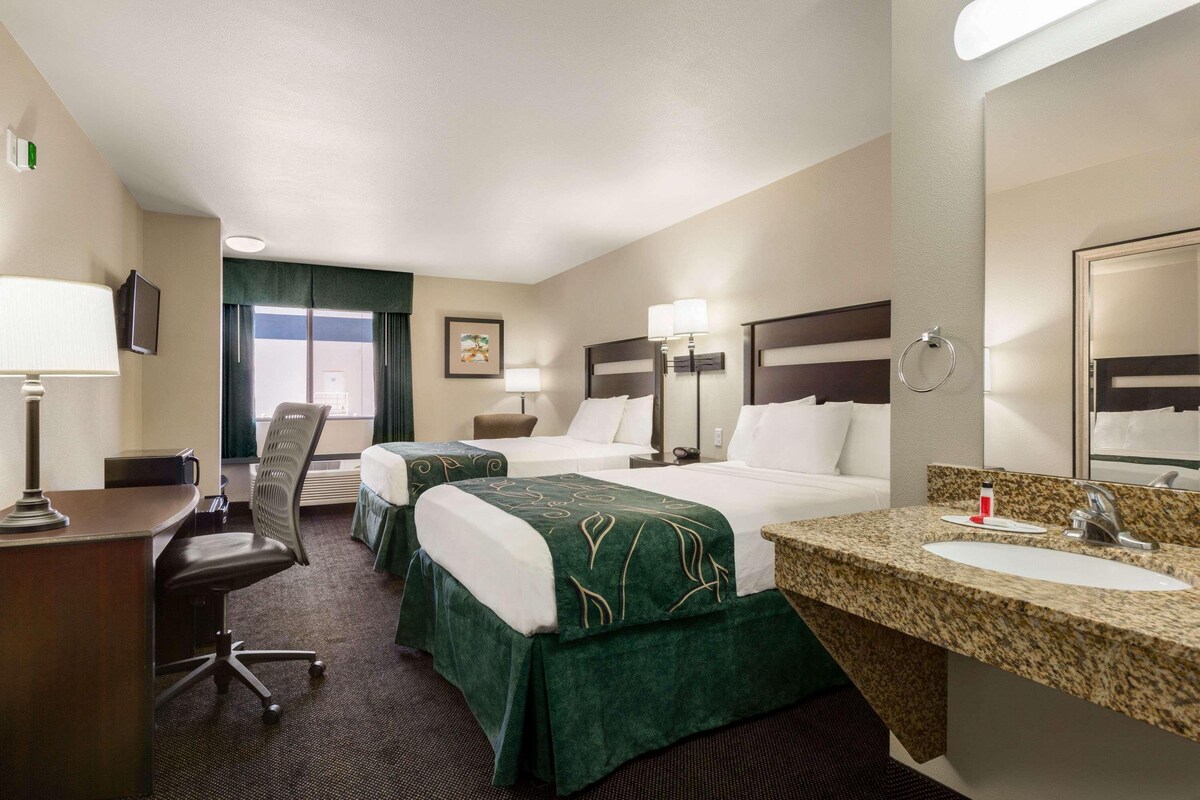 Une chambre d’hôtel avec deux lits, un bureau, une chaise, une lampe de bureau, une table de chevet, un miroir et une salle de bain équipée d’un lavabo et d’un porte-serviettes.