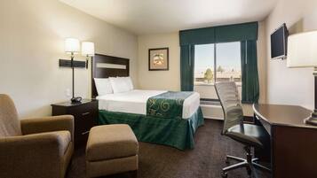 Desk, blackout drapes, soundproofing, iron/ironing board