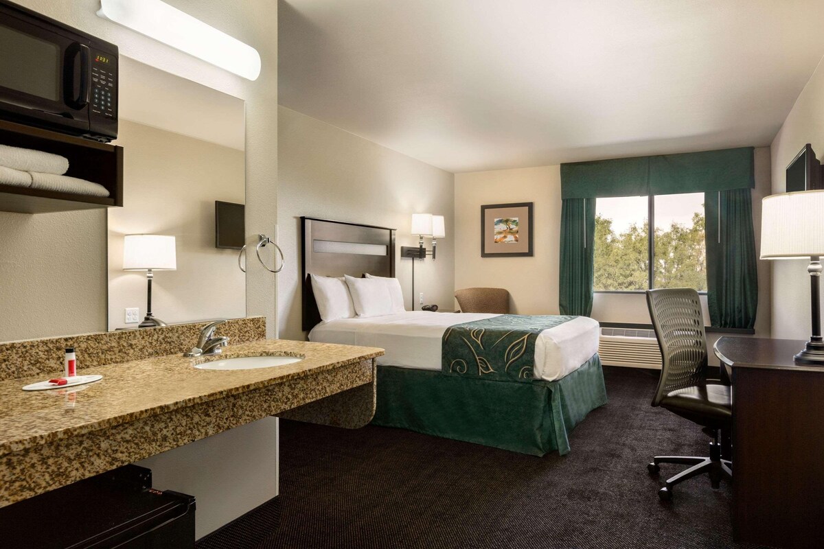Une chambre d’hôtel comprenant un lit, un bureau, une chaise, une salle de bain avec un lavabo et un miroir, et une fenêtre avec des rideaux.