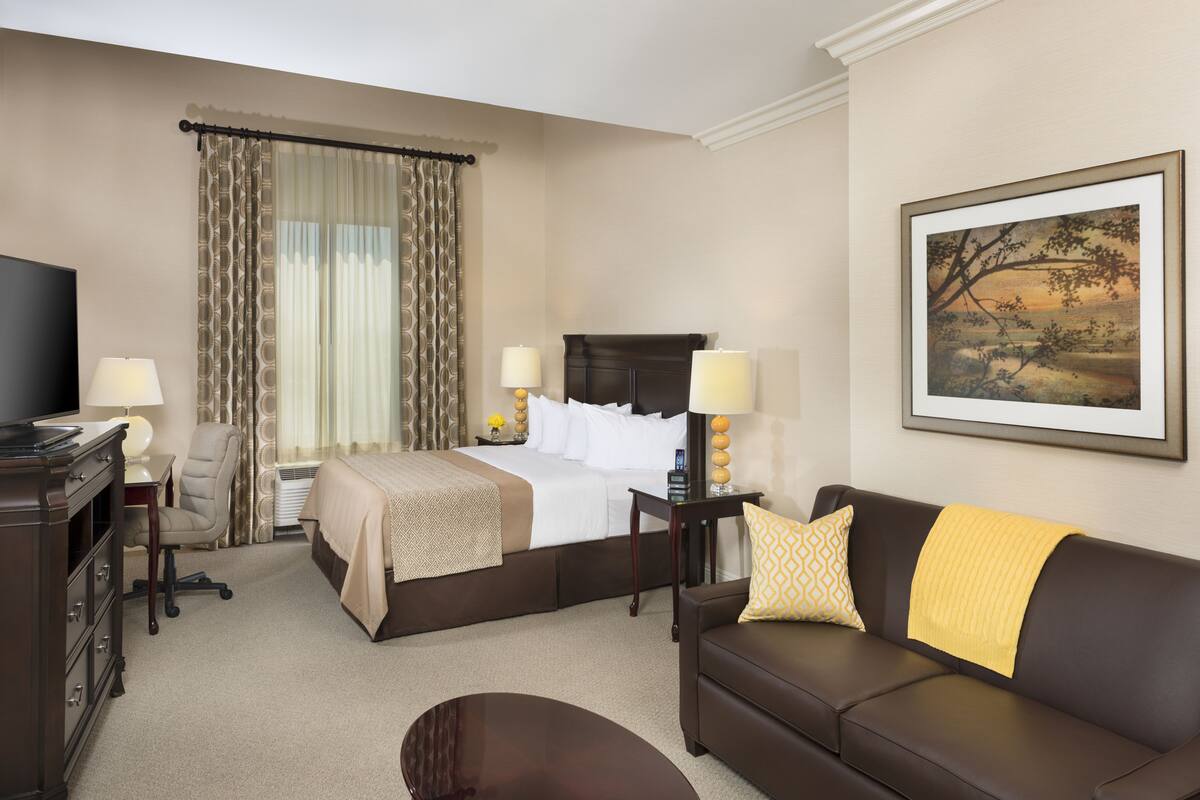 A hotel room with a bed, a sofa, a desk with a lamp, a TV, and a painting on the wall.