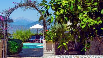 Outdoor pool, a heated pool, free pool cabanas, pool umbrellas