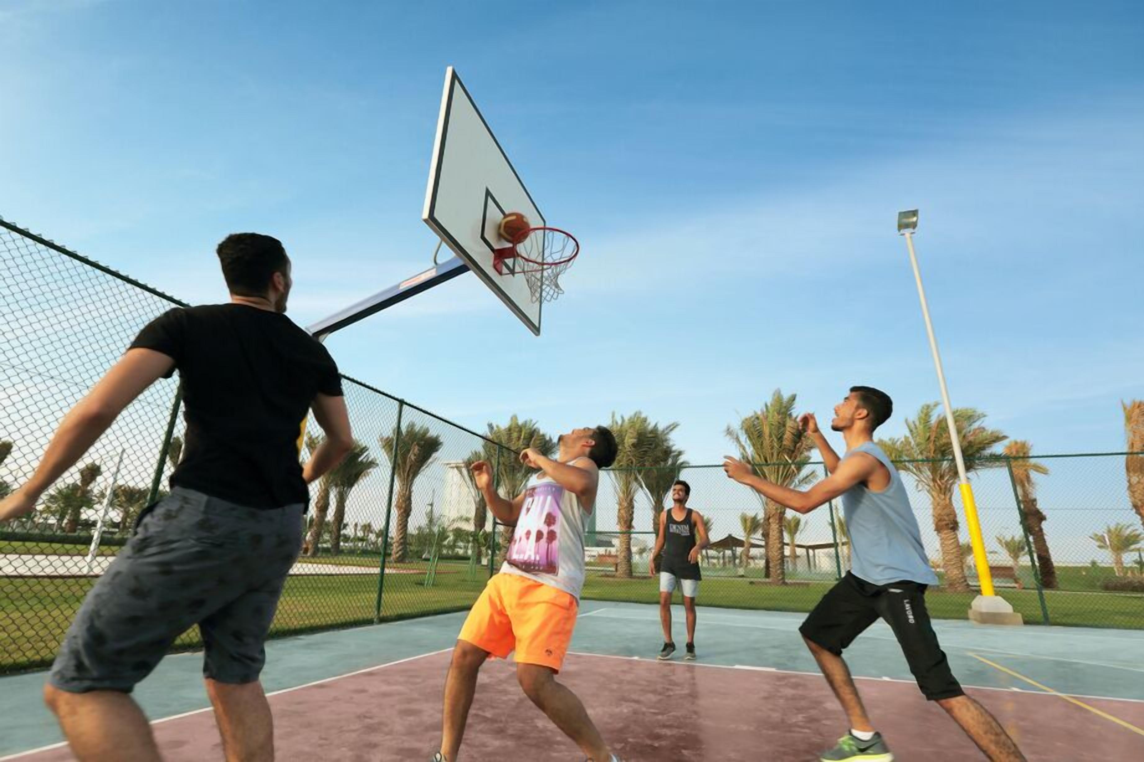 A basketball court with a net, a basketball hoop, and palm trees in the background.