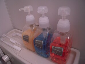 Combined shower/tub, free toiletries, hair dryer, bathrobes