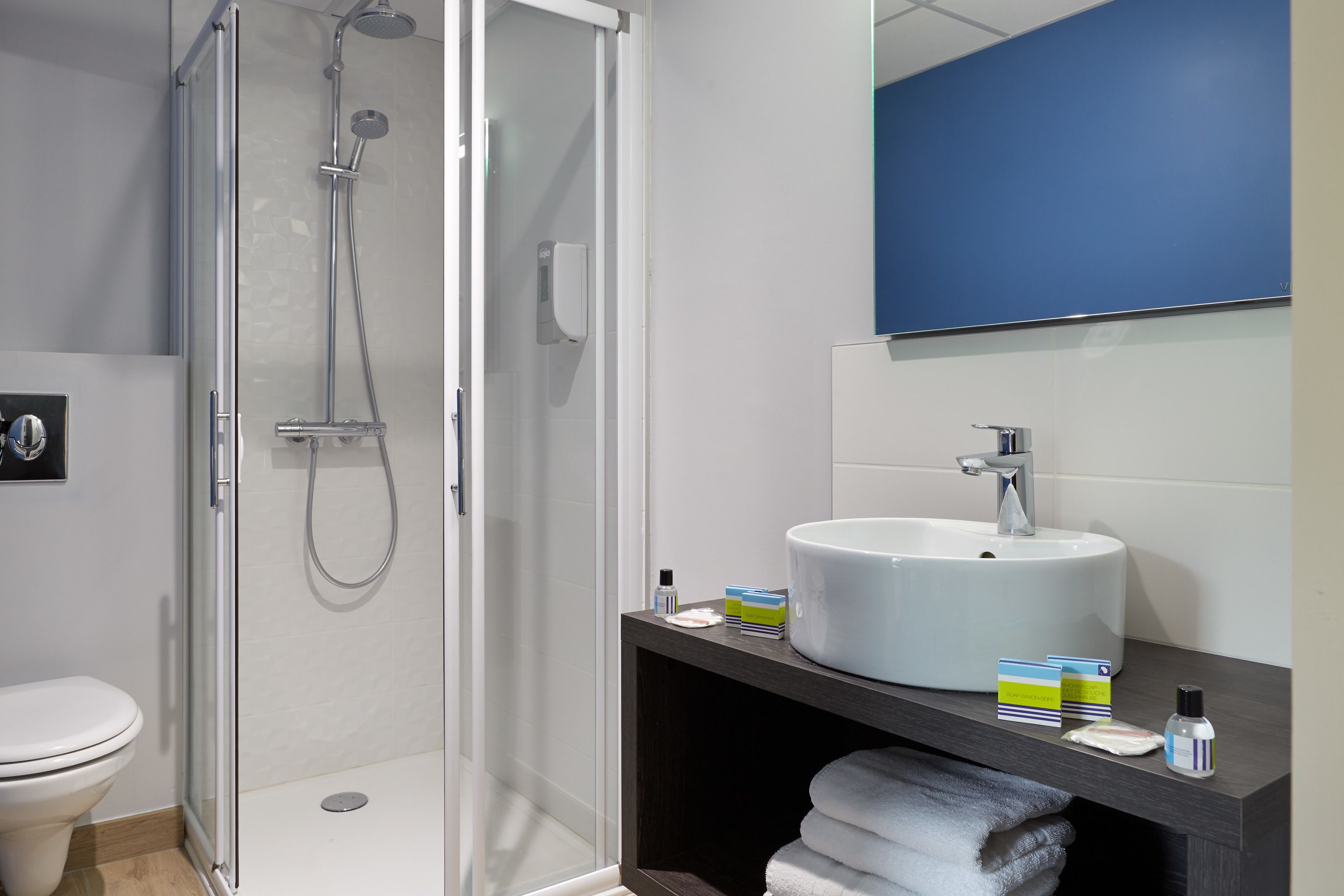 separate bathtub and shower, hair dryer, electronic bidet, towels