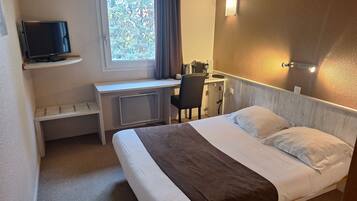 Desk, laptop workspace, blackout drapes, soundproofing