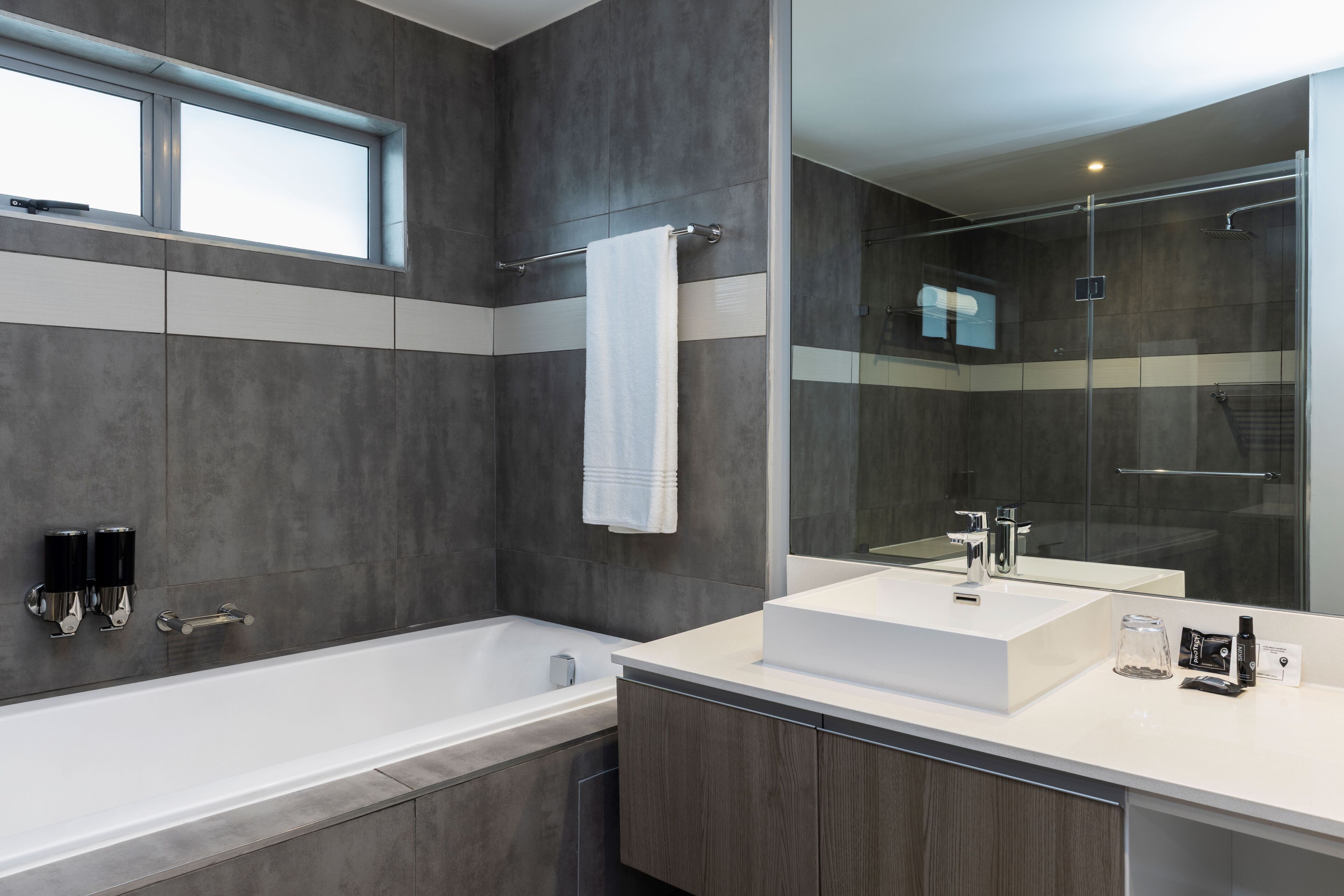 free toiletries, hair dryer, towels