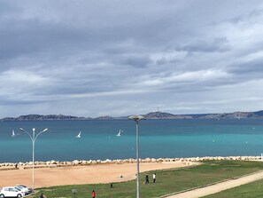 Une vue sur la côte, avec une plage de sable, une zone herbeuse et une mer bleue et limpide.