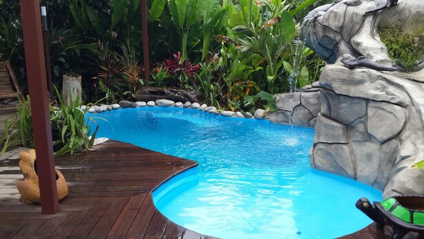 Una piscina amb un solàrium de fusta, envoltada de plantes tropicals i una cascada artificial de roca.