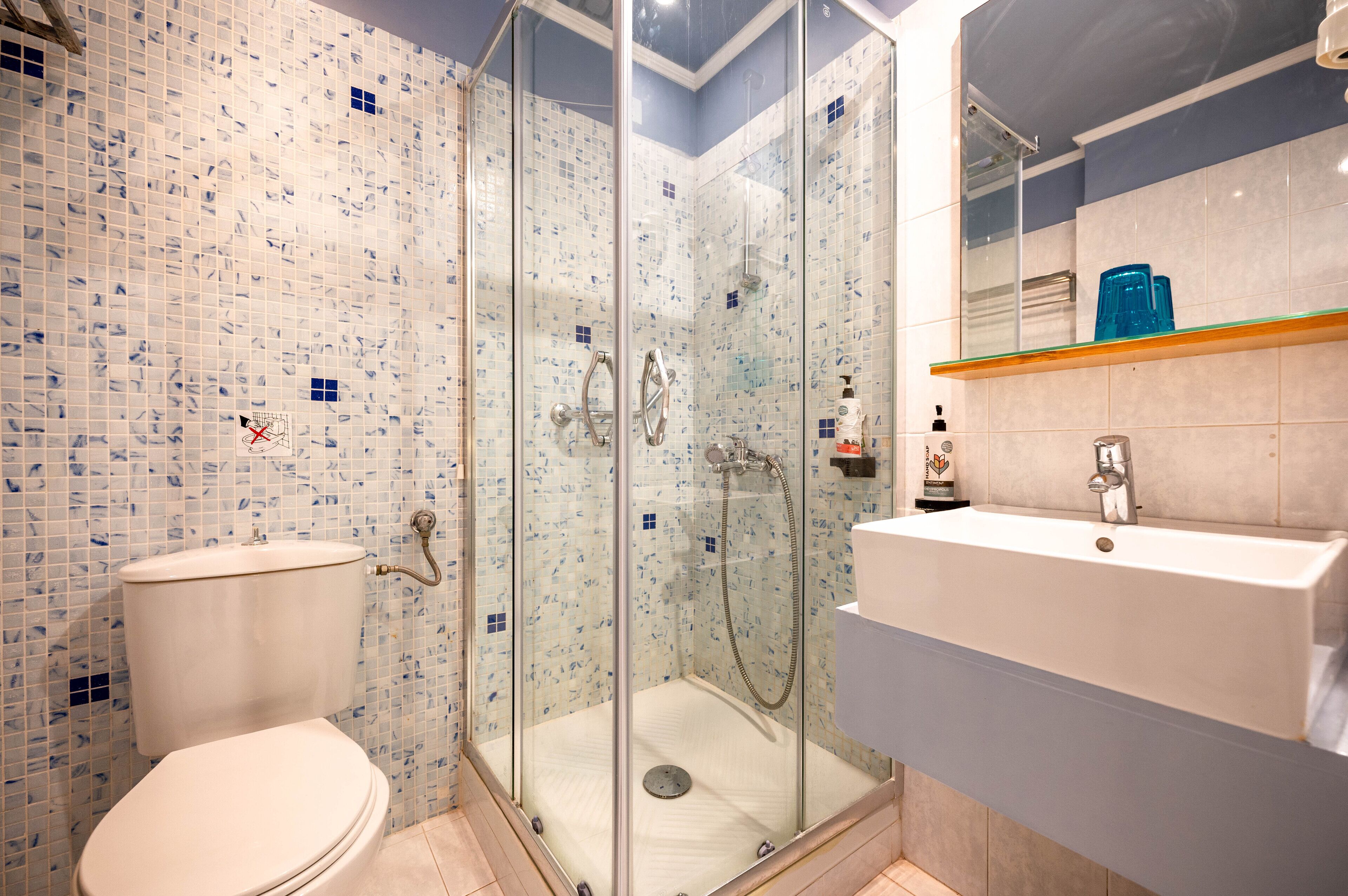 A bathroom with a glass-enclosed shower, a toilet, and a sink with a mirror above it.