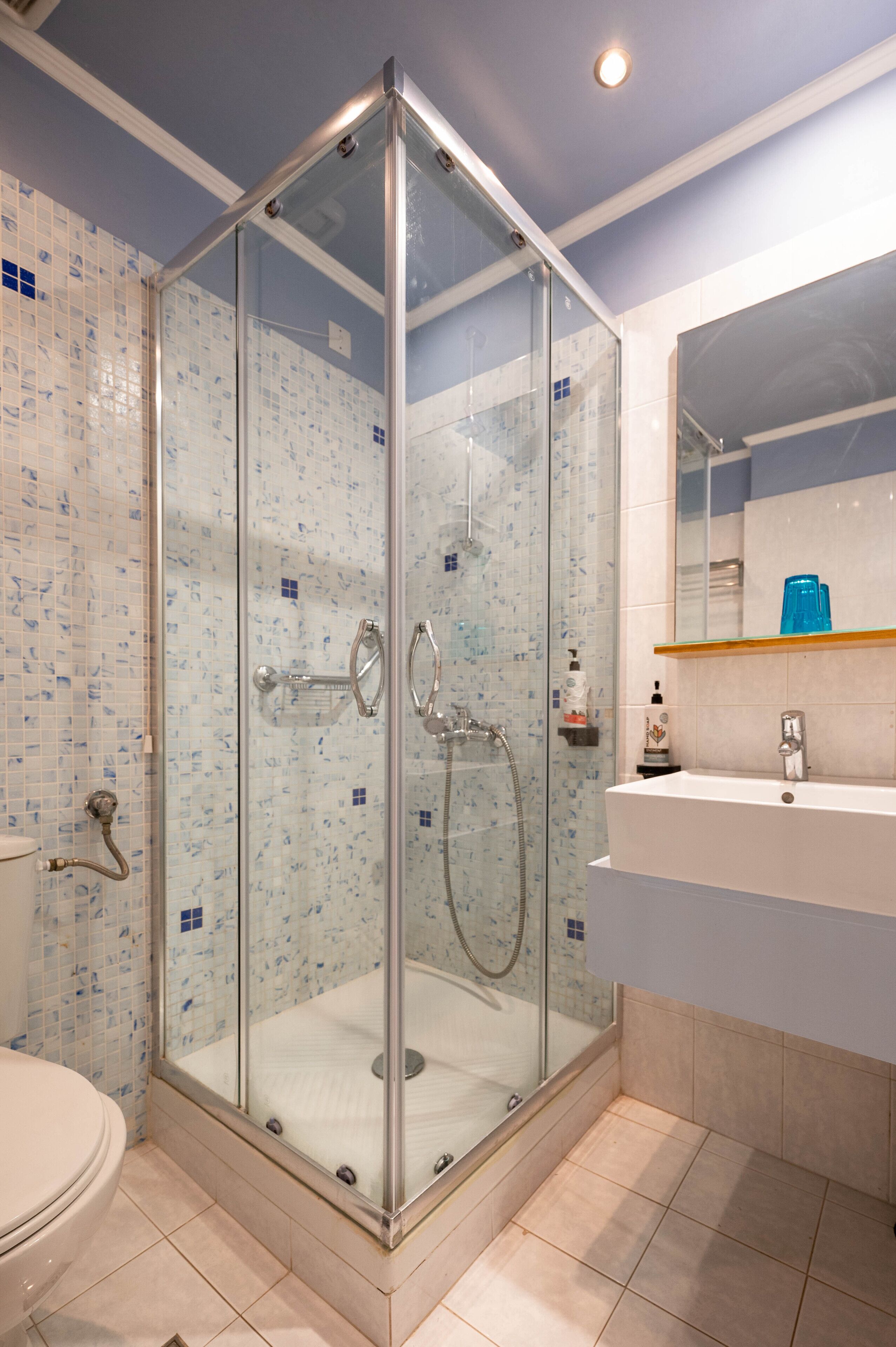 A modern bathroom with a glass-enclosed shower, a toilet, and a sink with a mirror above.