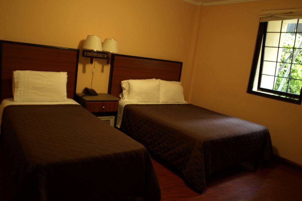 A hotel room with two single beds, a nightstand with a lamp, and a window with a view of greenery.